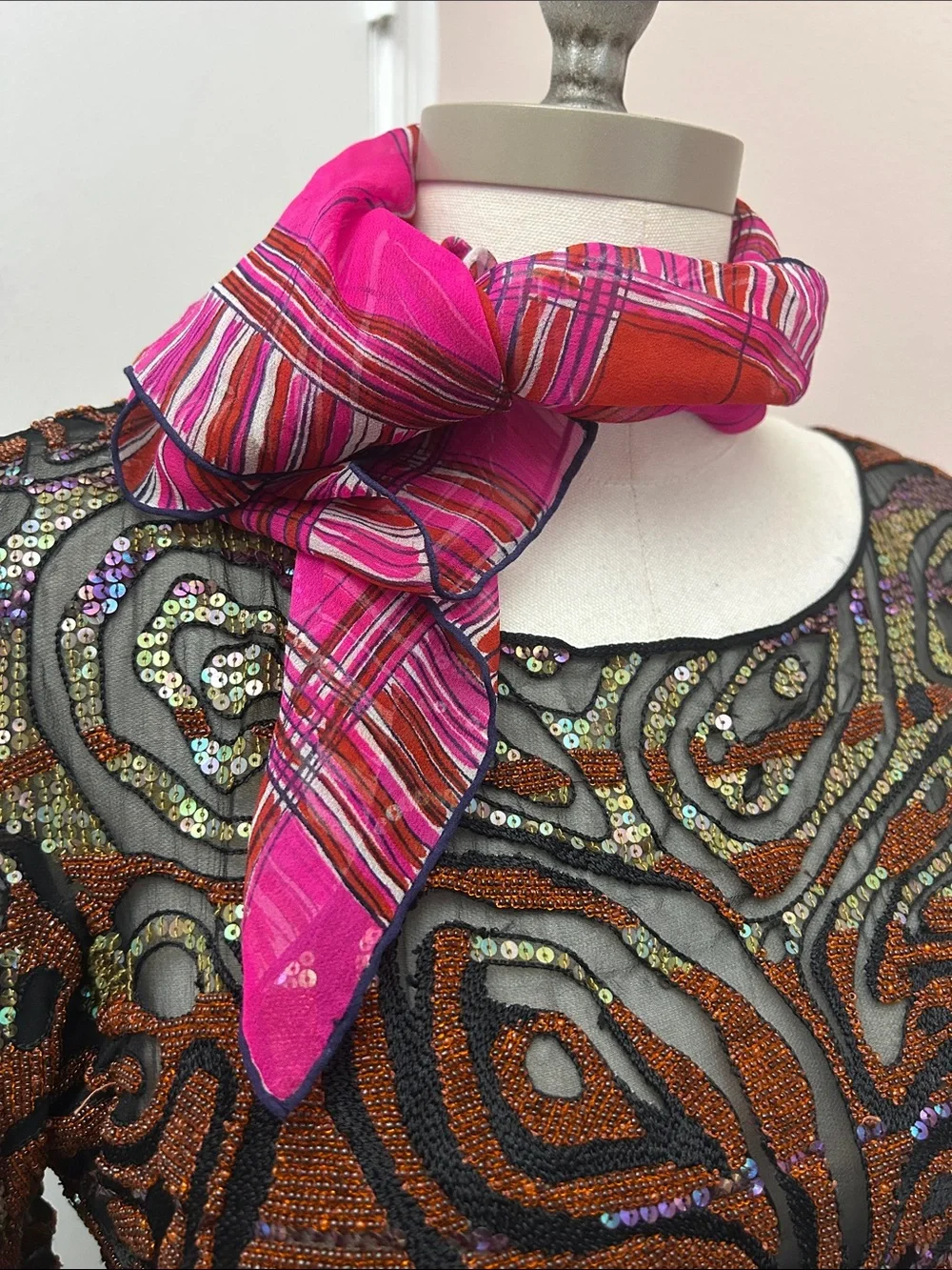 Ugna silk chiffon Vibrant Pink & red Plaid Square Scarf printed look rolled hem